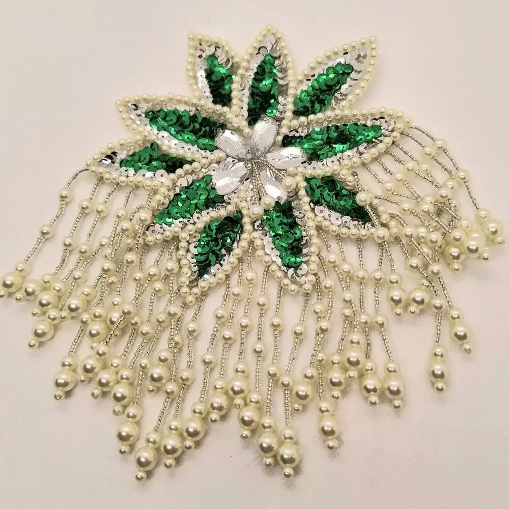 Sequin/Bead Epaulet Applique Green/White Bead Fringe